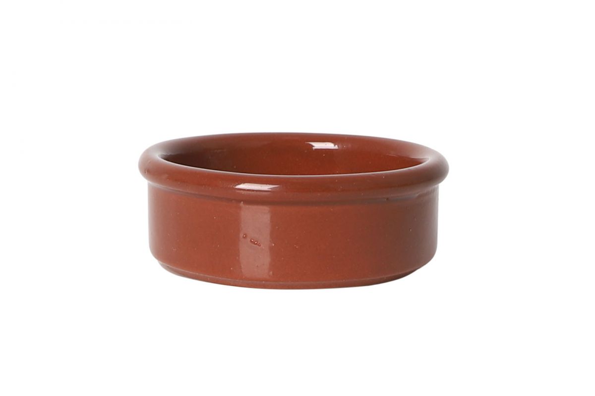Round terracotta-colored ceramic tapas ramekin dish for serving small portions