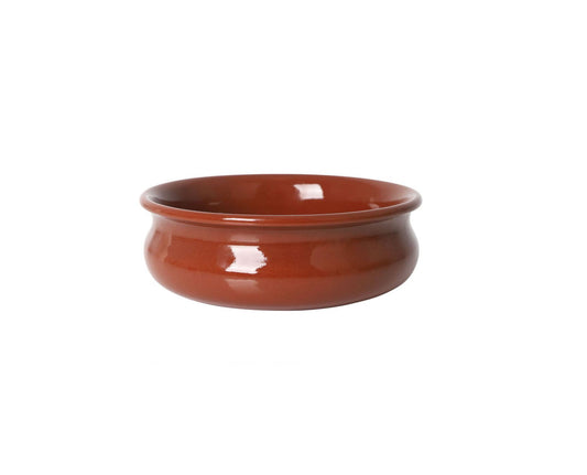 Round reddish-brown glazed terracotta baking dish from Azofra Tapas Casserole Spanish Clay 15cm