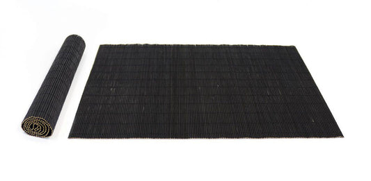 Black ribbed rectangular Bamboo Placemats with one rolled up for dining decor