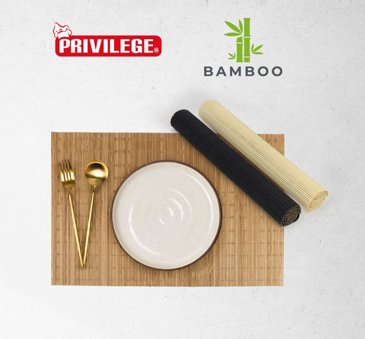 Bamboo Placemats 30x45cm Black Light Brown with Plate and Gold Cutlery on table