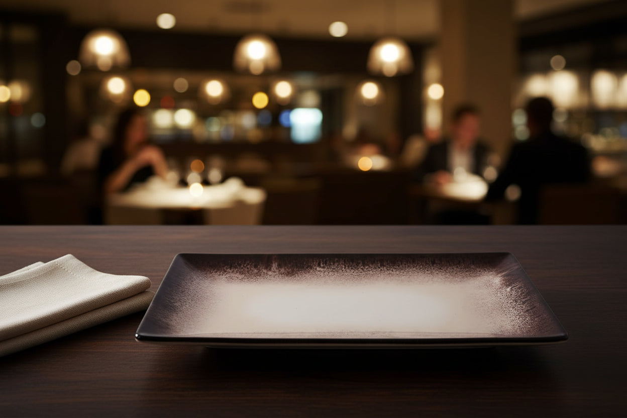 A rectangular ceramic plate with a dark brown rim and a frosted, light beige center, shown against a plain white background.