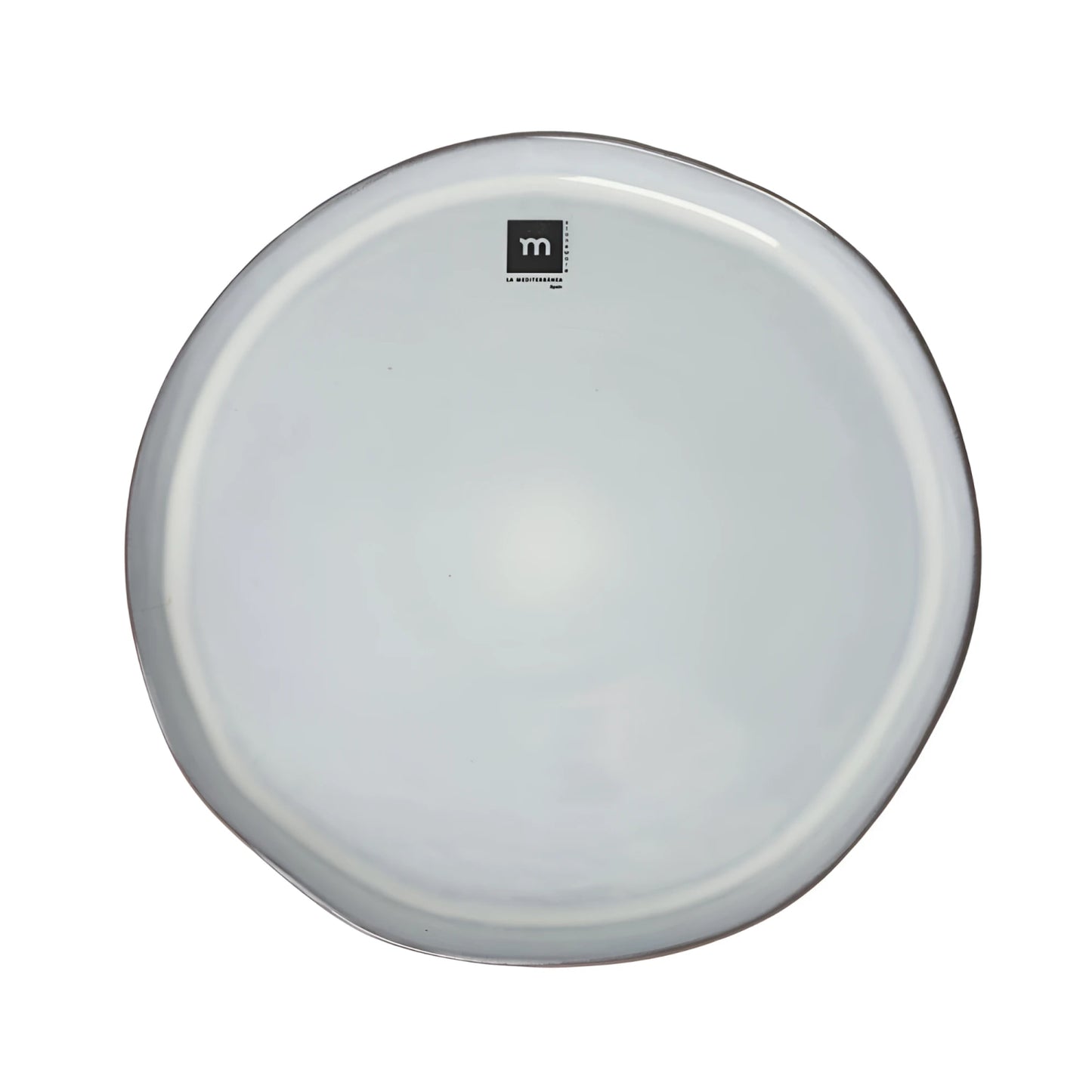 White translucent drumhead with sheen and black logo on Black Clay 26.5cm plate