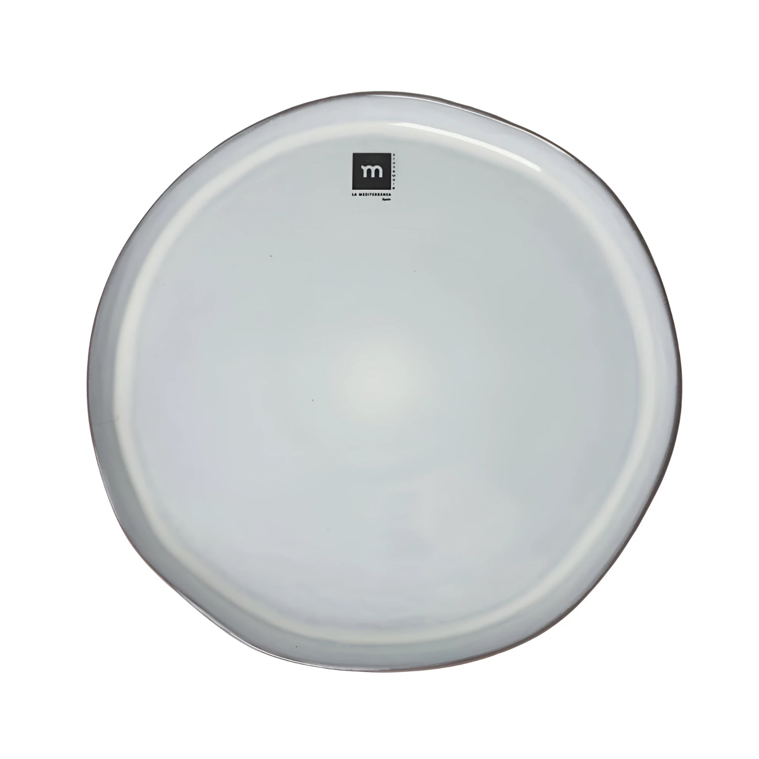 White translucent drumhead with sheen and black logo on Black Clay 26.5cm plate