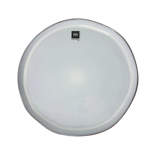 White translucent drumhead with sheen and black logo on Black Clay 26.5cm plate