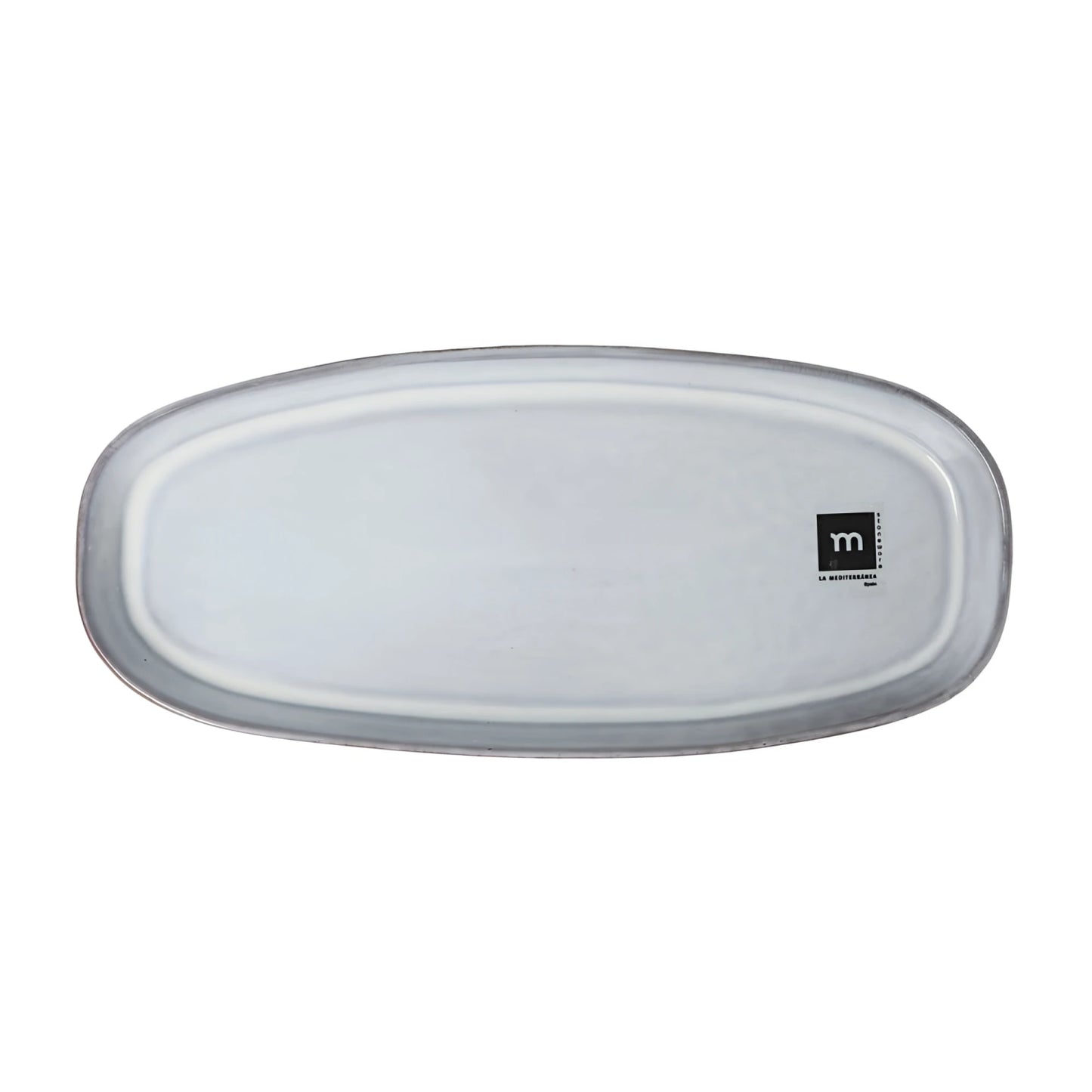 Black Clay 28.5x12.7cm oval dessert plate with translucent white glass surface and silver rim