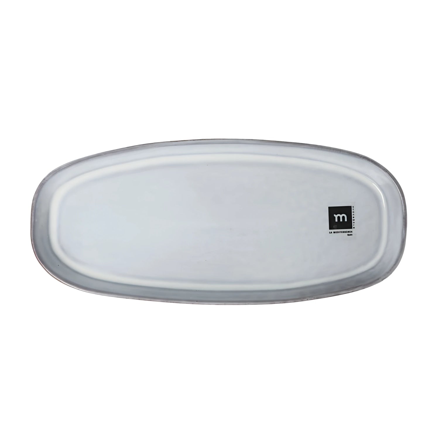 Black Clay 28.5x12.7cm oval dessert plate with translucent white glass surface and silver rim