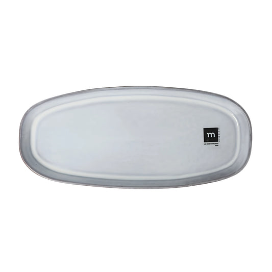 Black Clay 28.5x12.7cm oval dessert plate with translucent white glass surface and silver rim