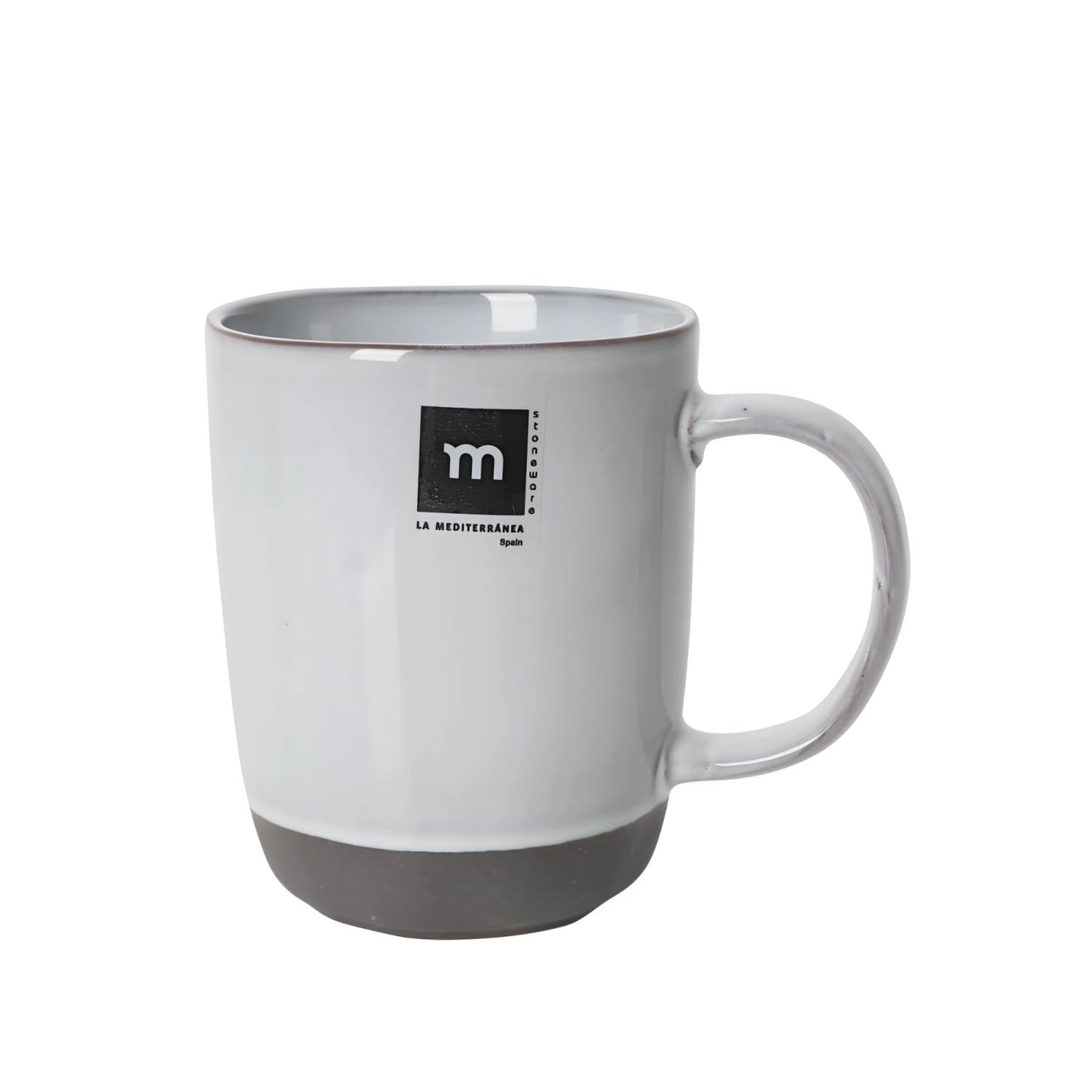 White ceramic La Mediterranea Spain m logo mug with gray base, 410ml stoneware