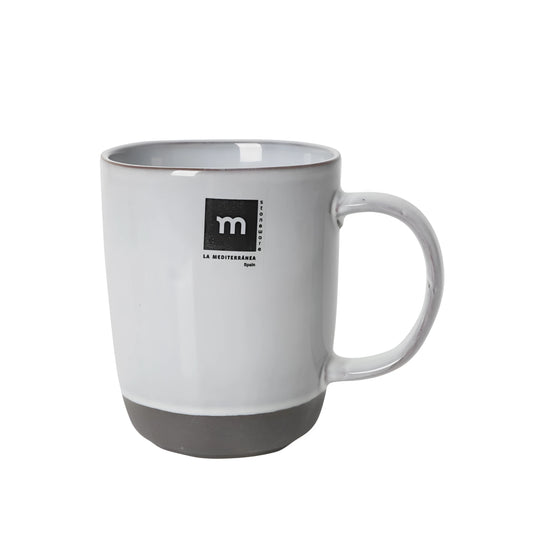 White ceramic La Mediterranea Spain m logo mug with gray base, 410ml stoneware