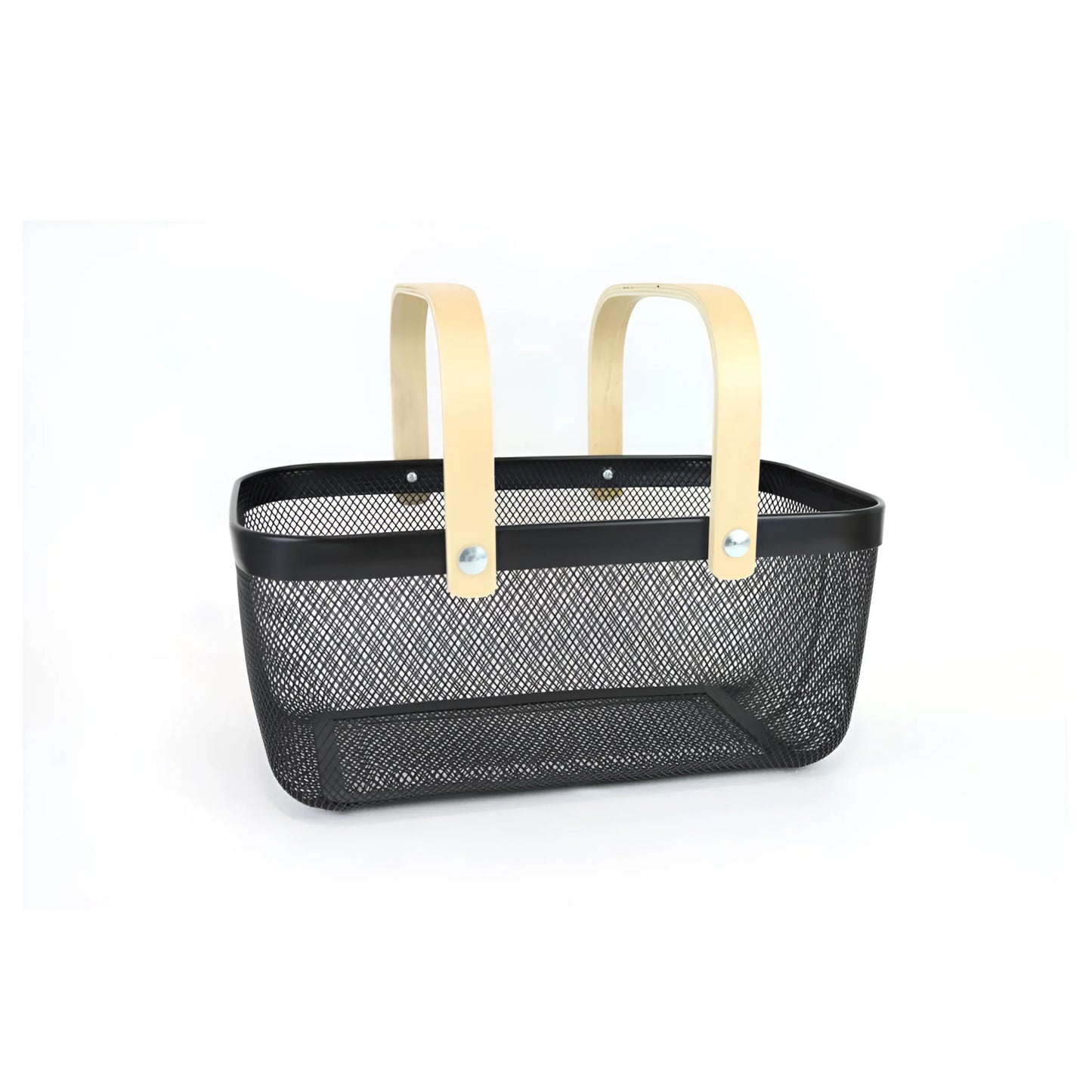 Black wire basket with wooden handles measuring 40x28x18cm for stylish storage