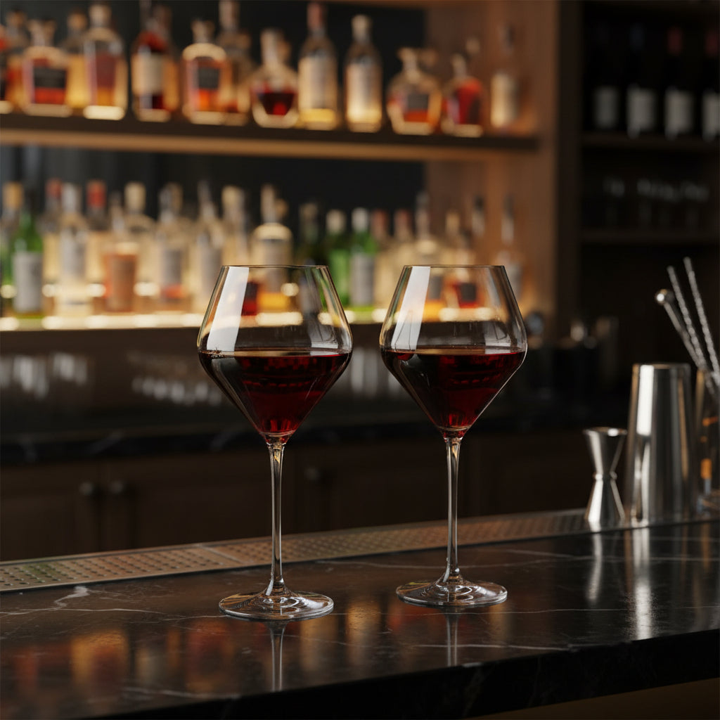 A clear glass wine glass with a wide, rounded bowl and a long stem, partially filled with red wine, centered on a plain white background.