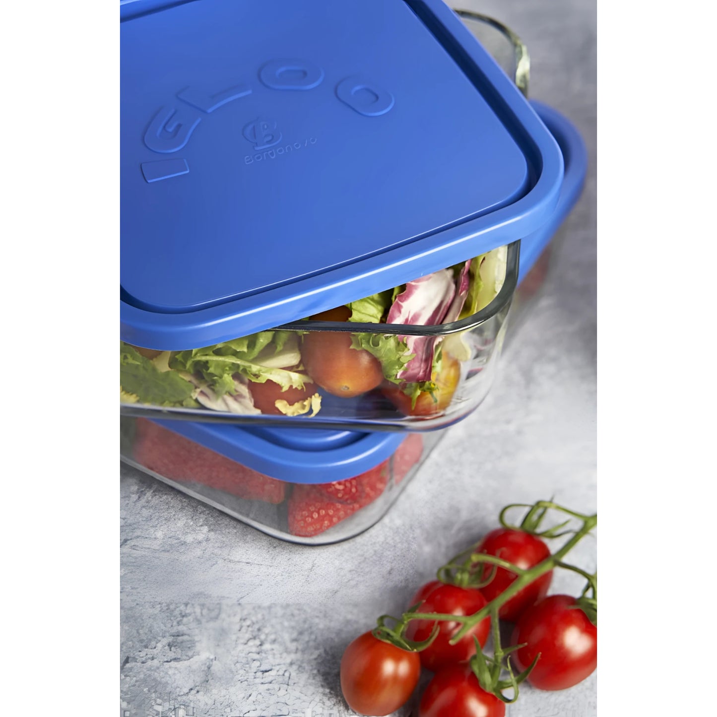 Borgonovo Igloo 800ml rectangular glass container with blue lid