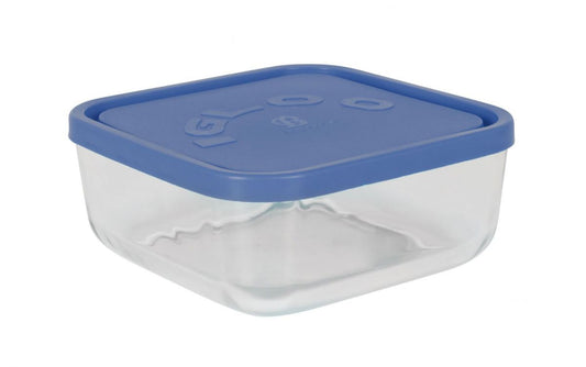 Borgonovo Igloo Square 1.8L glass container with blue lid, clear rectangular storage
