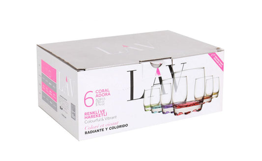 White cardboard box with six colorful Adora coloured drinking glasses tumblers 290ml