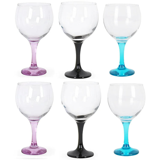 BOX OF 6 - Gin and tonic cocktail balloon glasses 650ml BLACK + PINK + BLUE stem