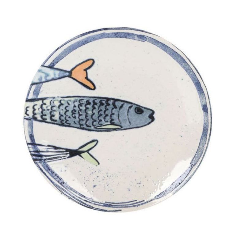 Handmade Catch of the Day Iberica ceramic fish dessert plate, 20cm irregular shape with blue and orange accents