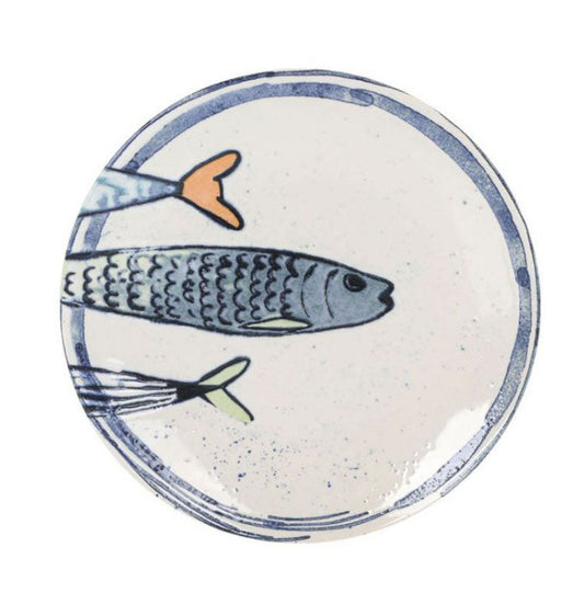 Handmade Catch of the Day Iberica ceramic fish dessert plate, 20cm irregular shape with blue and orange accents