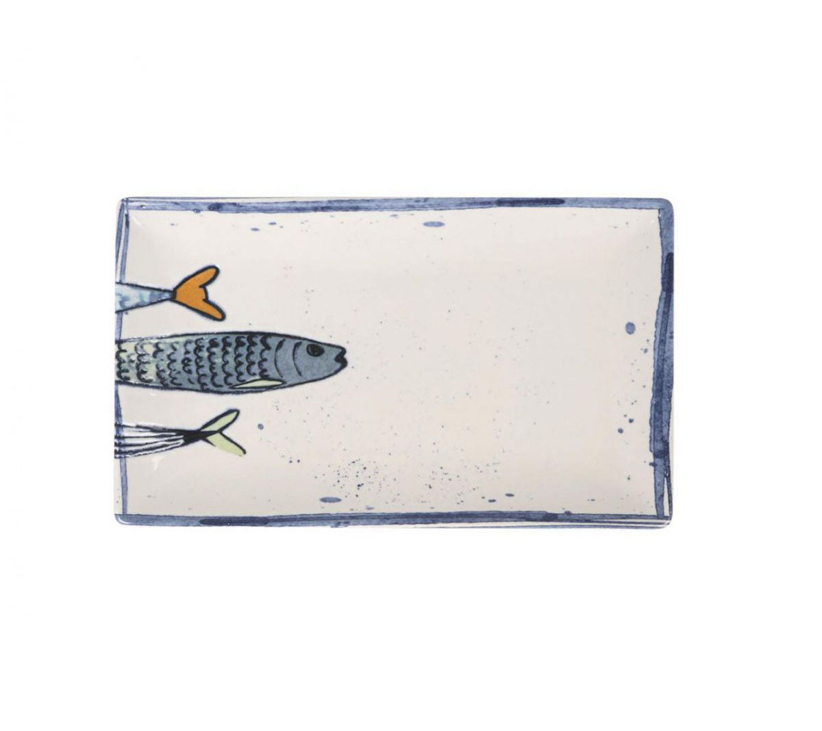 Blue fish ceramic soap dish with orange fins, 25x15cm
