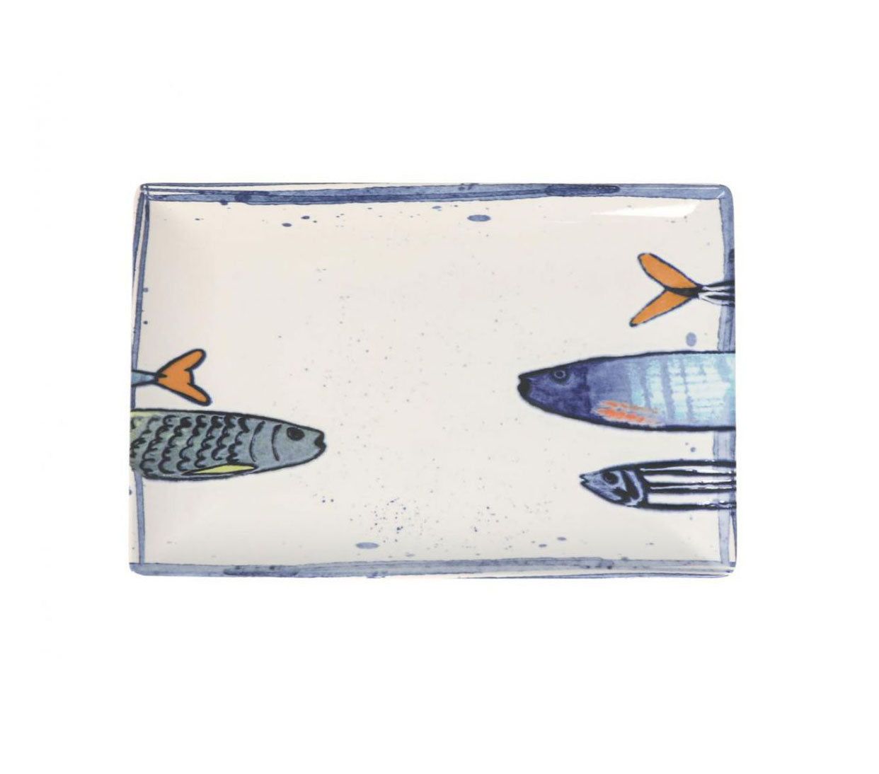 Blue and orange fish design on white rectangular ceramic dinner plate, 30x20cm Peixe