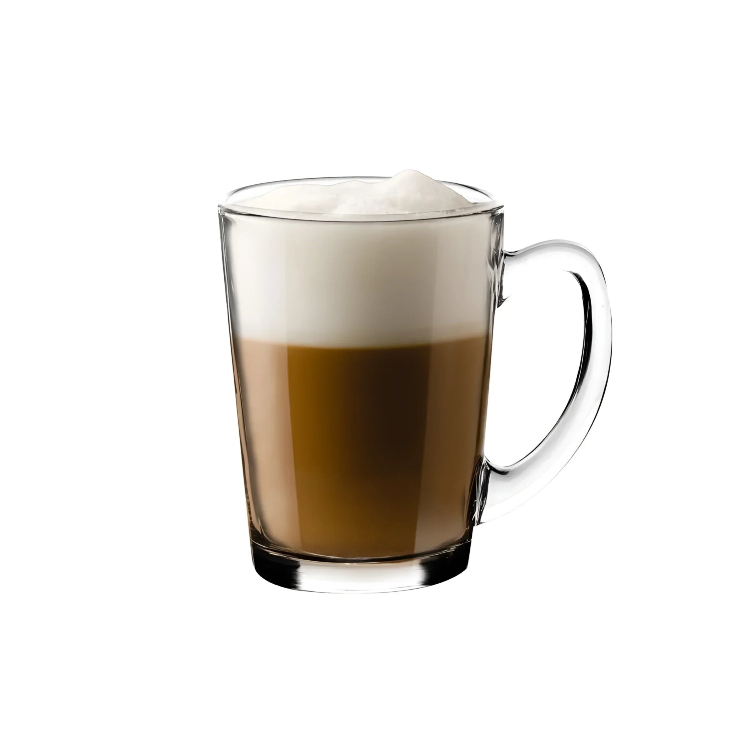 Glass mug with foamy latte.