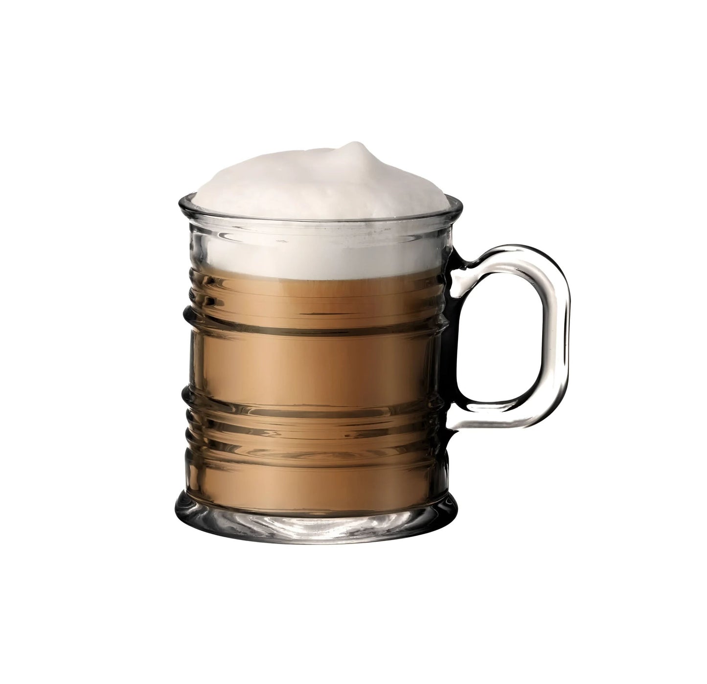 Clear 260ml Parker coffee latte glass mug with frothy brown beverage