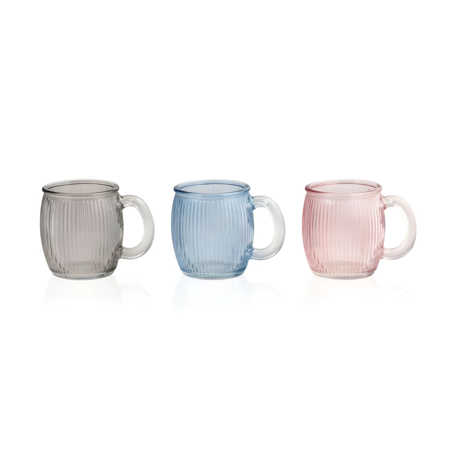 Set of three ribbed 350ml colored cocktail mugs in gray, blue, pink