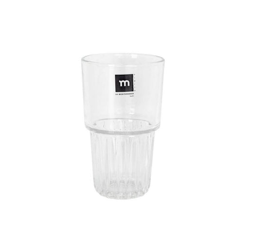Clear glass self-watering planter with top pot and ribbed reservoir for plants