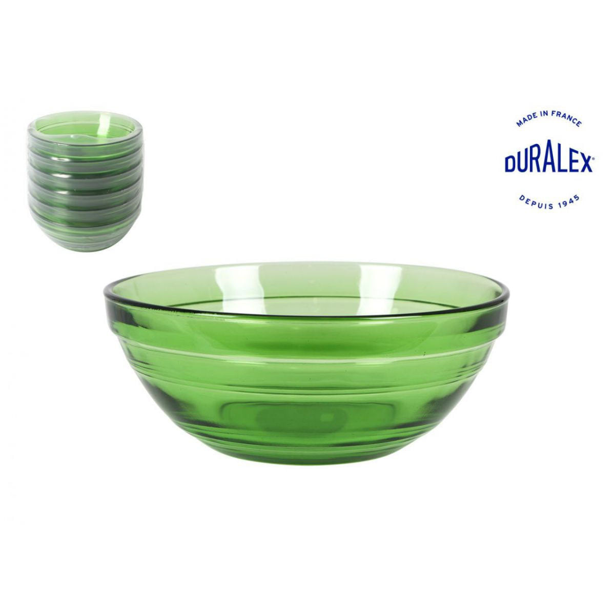 Green glass bowl from Duralex, 500ml, 14.5cm, stackable serving bowl