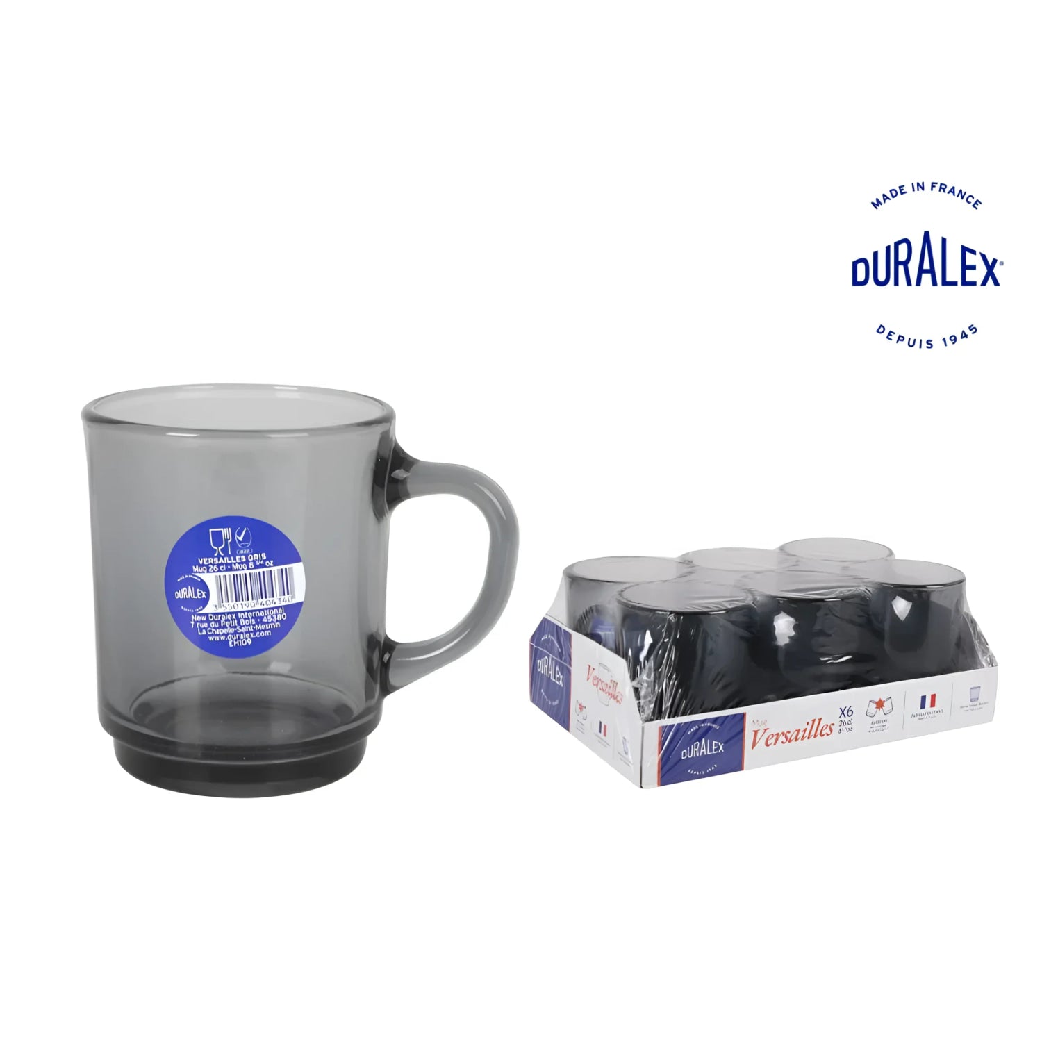 Duralex Grey smoke Stackable coffee tea mugs 260ml Versailles