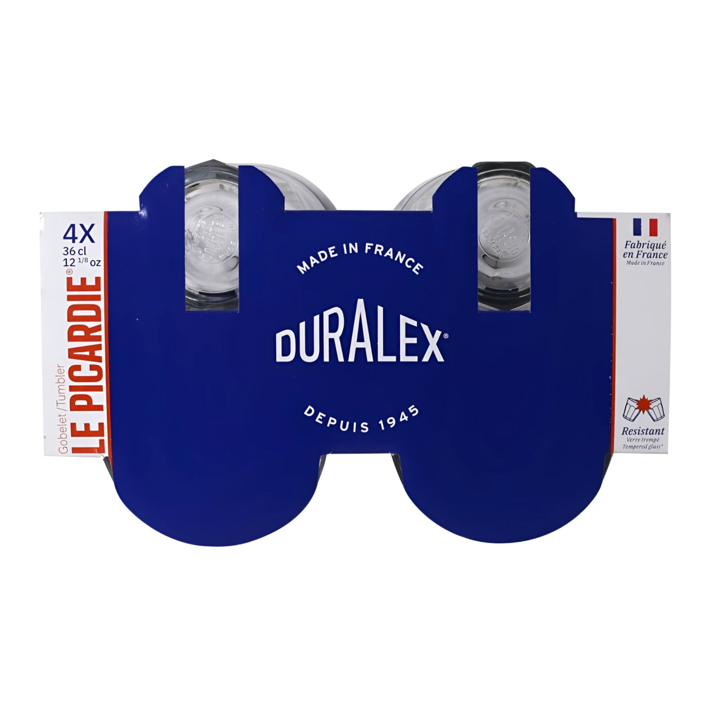 Duralex Picardie 360ml clear tempered glass tumblers 4-pack blue box