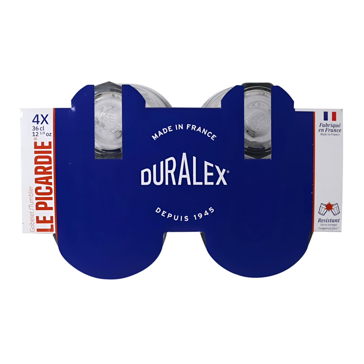 Duralex Picardie 360ml clear tempered glass tumblers 4-pack blue box