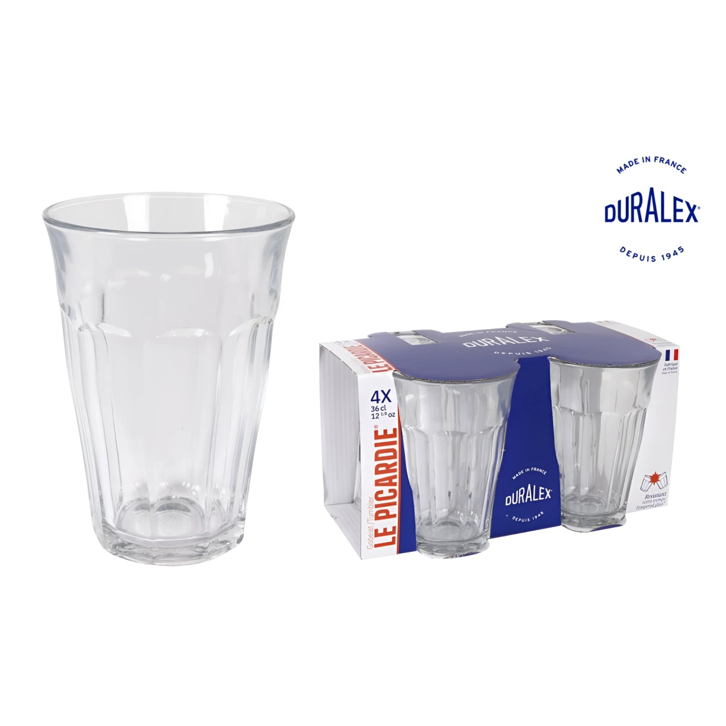 Duralex Picardie clear 360ml faceted glass tumbler with sturdy base