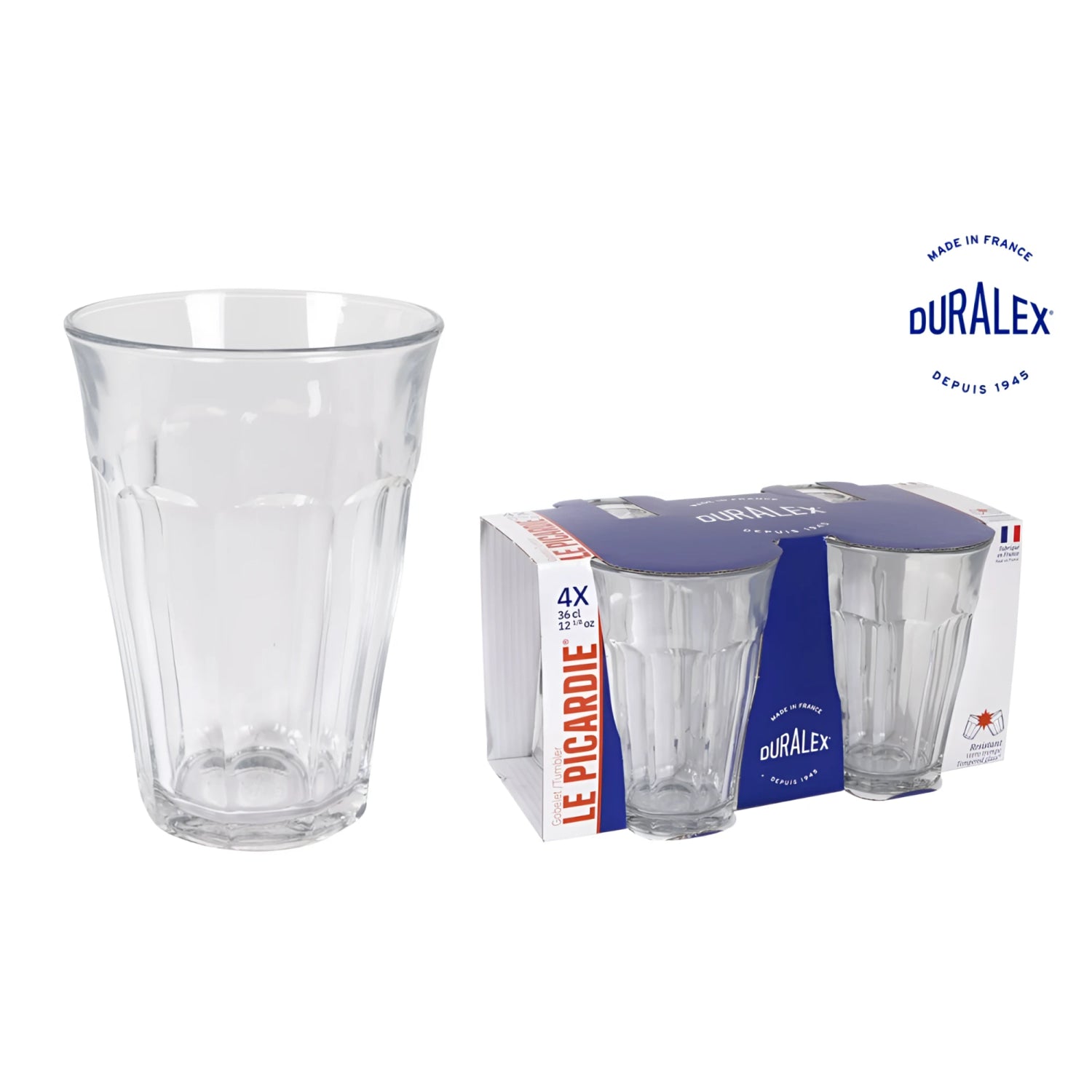 Duralex Picardie clear 360ml faceted glass tumbler with sturdy base