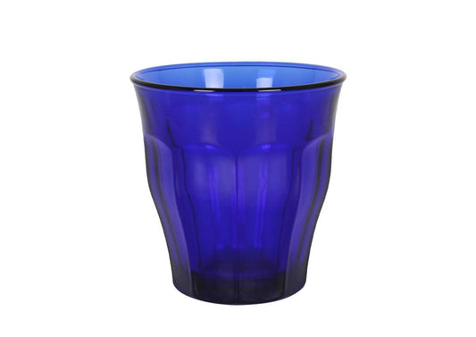 Translucent cobalt blue Duralex Shapir Picardie 310ml drinking glass with faceted surface