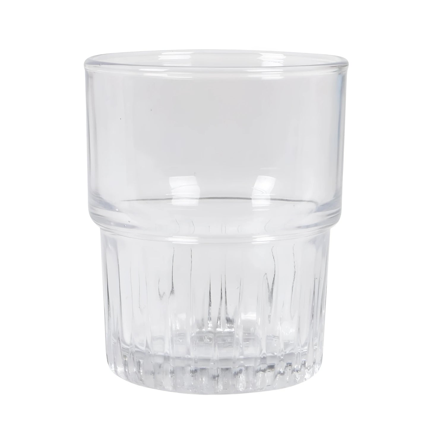 Clear glass tumbler with textured base on a white background duralex