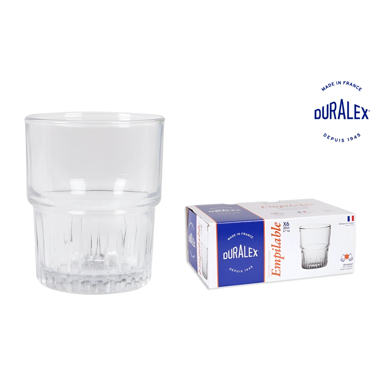Duralex stackable clear 200ml drinking glass with ribbed base and rim