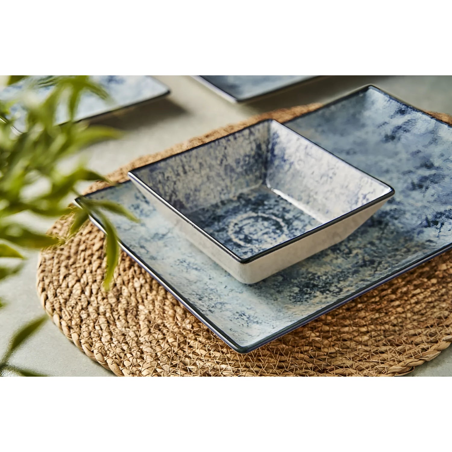 Square blue and white ceramic dishware from Electra 32cm dinner plates set in Stoneware Blue