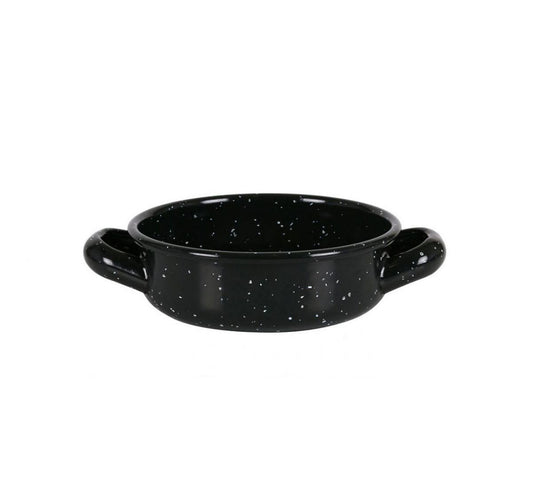 Black enamel mini paella pan with white speckles and two handles for tapas cooking
