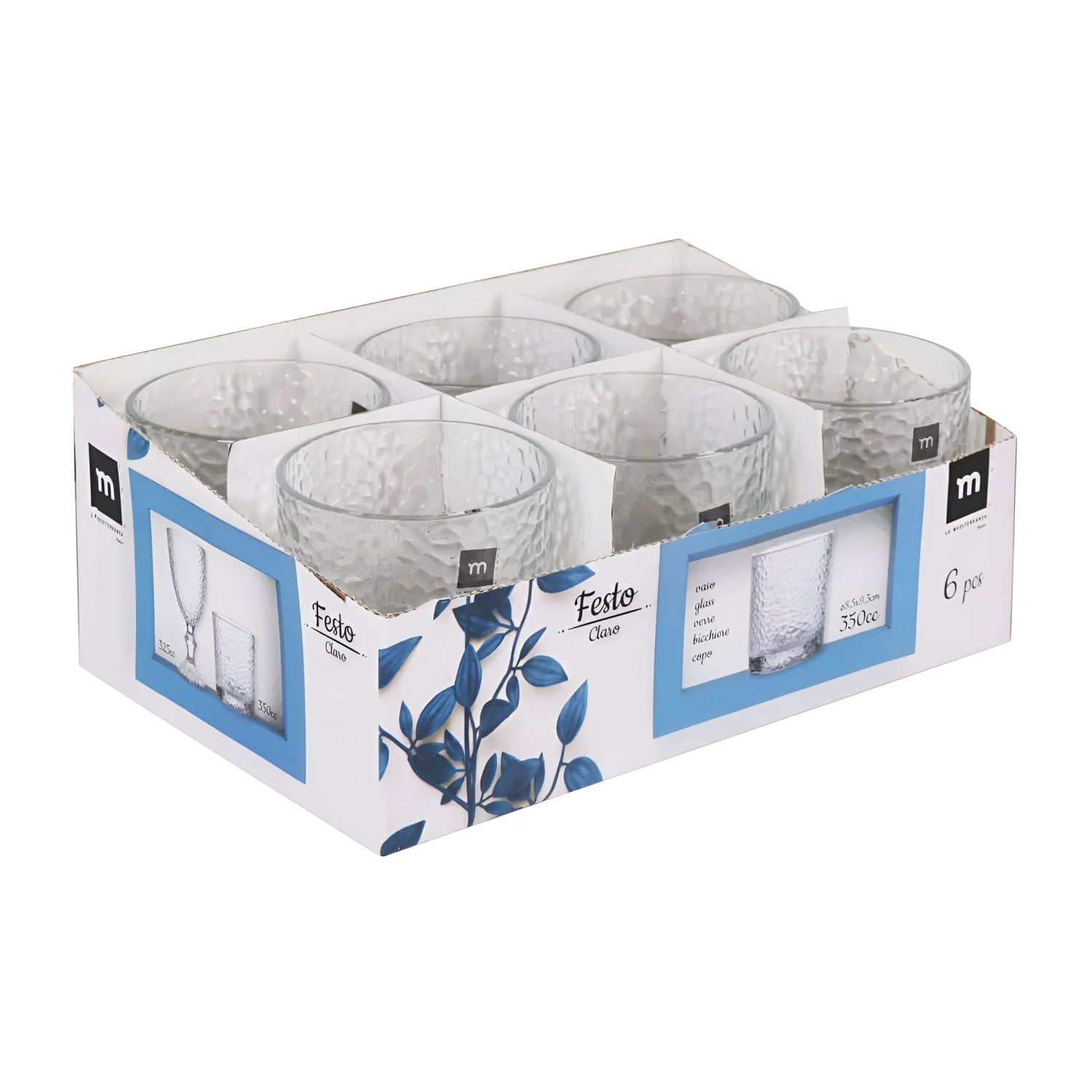 Set of six textured glass tumblers in retail box for cocktails and whisky drinking