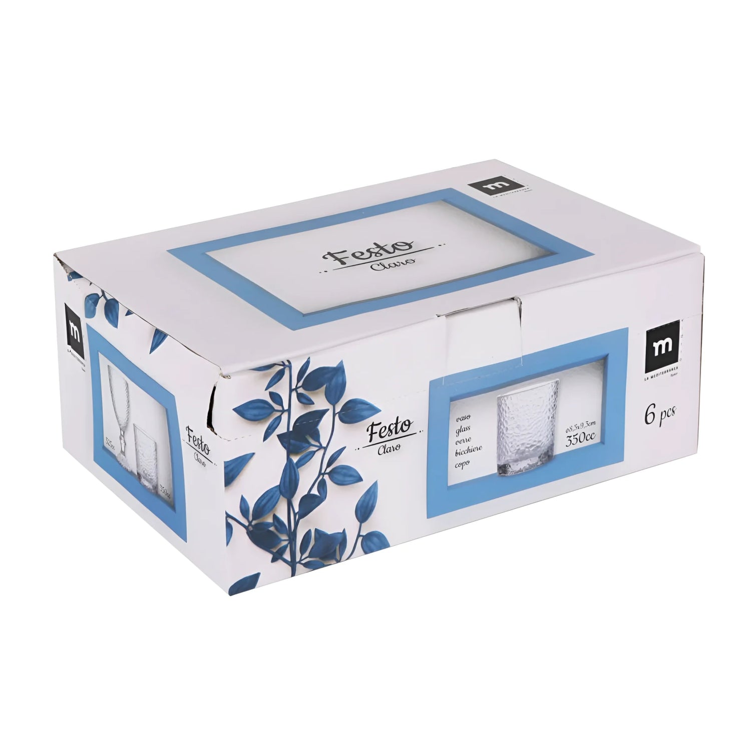 White cardboard box with six Festo Clear 350ml cocktail whisky drinking glasses