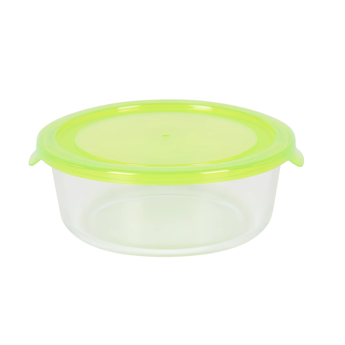 Clear 400ml glass food storage container with lime green lid and handles
