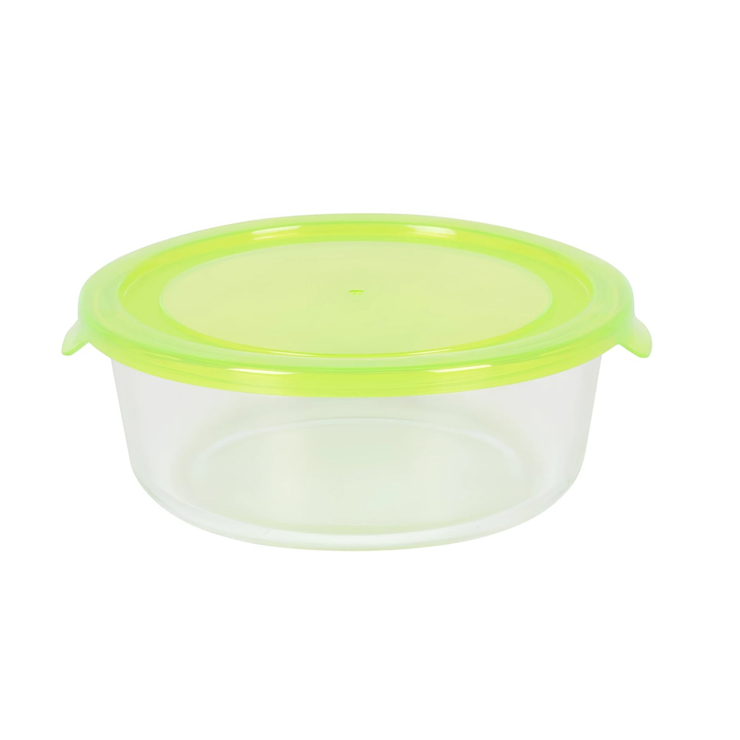 Clear 400ml glass food storage container with lime green lid and handles