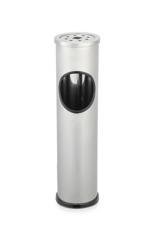 Stainless steel outdoor ashtray with circular opening and perforated top for cigarette disposal