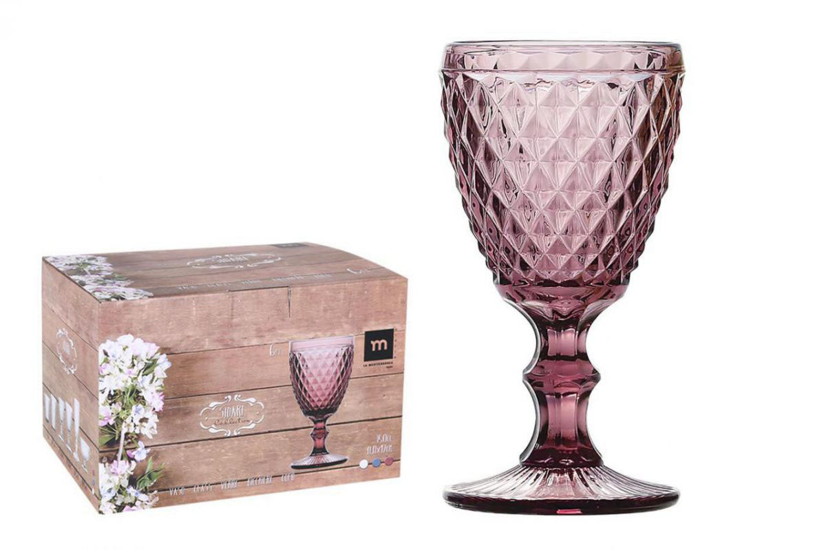 SIDARI PINK Vintage RED WINE GLASSES 350ml embossed drinking glasses stemware diamond design wedding restaurants