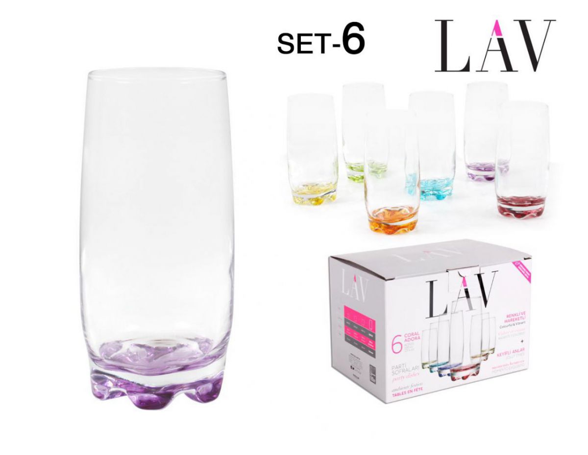 Set Of 6 Pcs Coloured Base Glasses Drinking Highball Style Glassware Juice Boxed Adora LAV