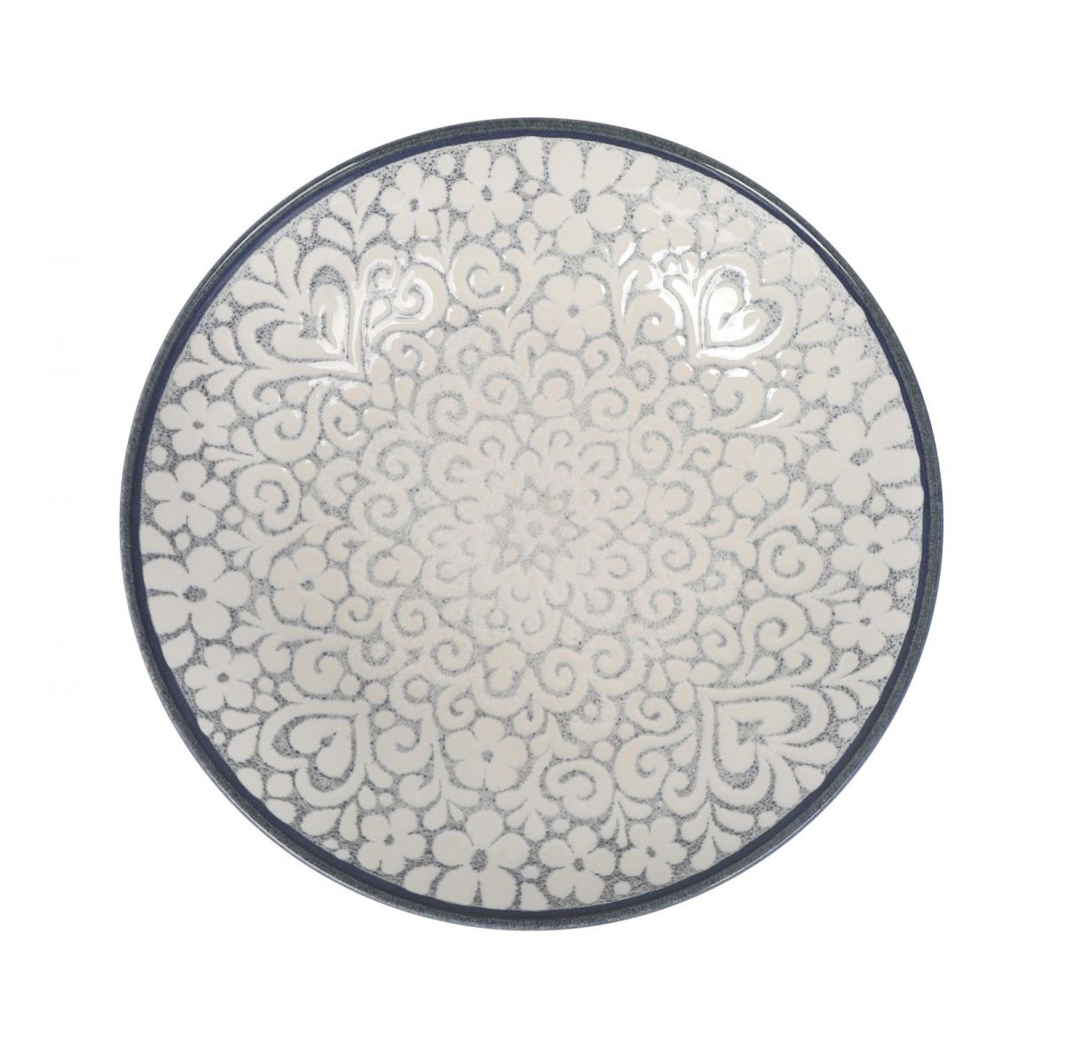A round decorative tray or plate with a white and gray floral mandala pattern and a dark gray rim, shown on a plain white background.