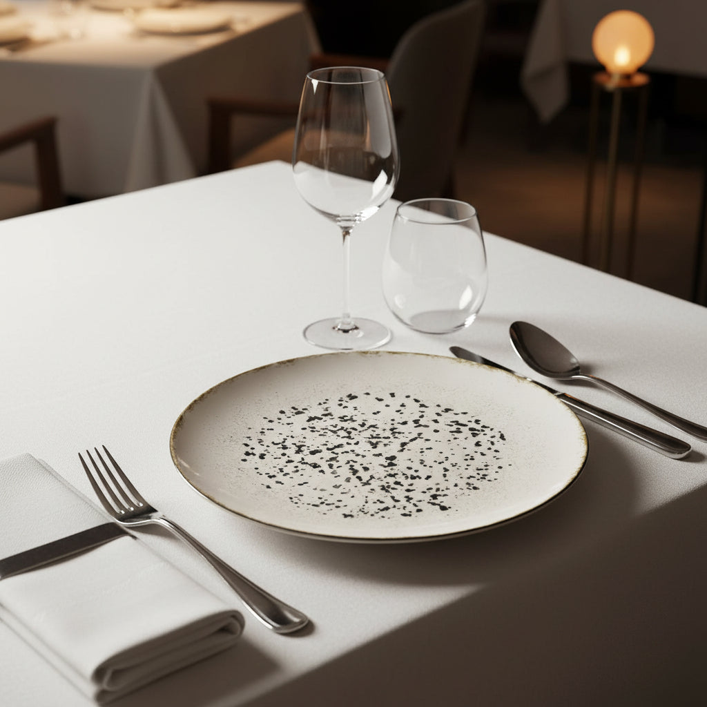 A round ceramic plate with a speckled black pattern in the center and a rustic, textured beige rim, shown from a top-down view on a white background.
