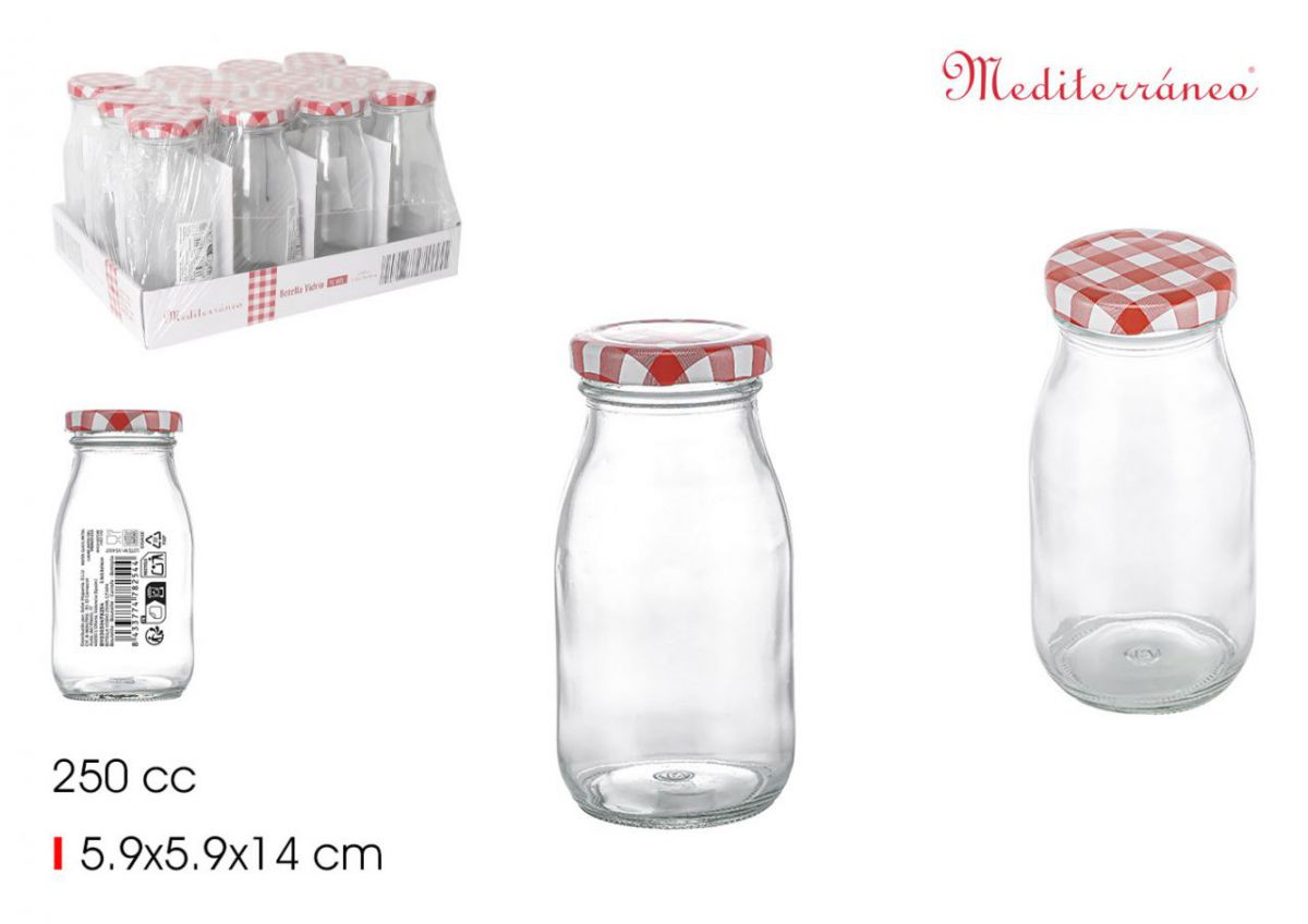 250ml Glass bottle Red screw lid Milk Juice water 9x25.5cm MIA