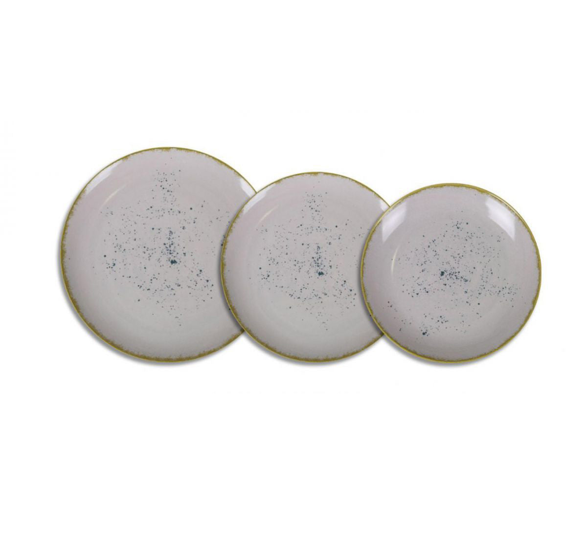 Three round ceramic plates with a speckled off-white glaze, blue speckles, and a thin gold rim, arranged in a row on a white background.
