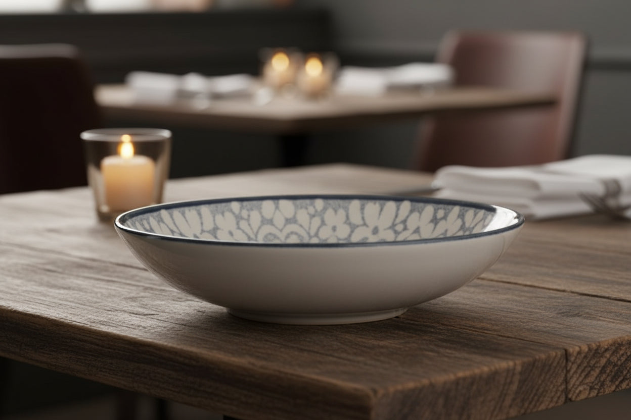 A white ceramic bowl with a delicate blue floral pattern inside and a solid blue rim, shown against a plain white background.